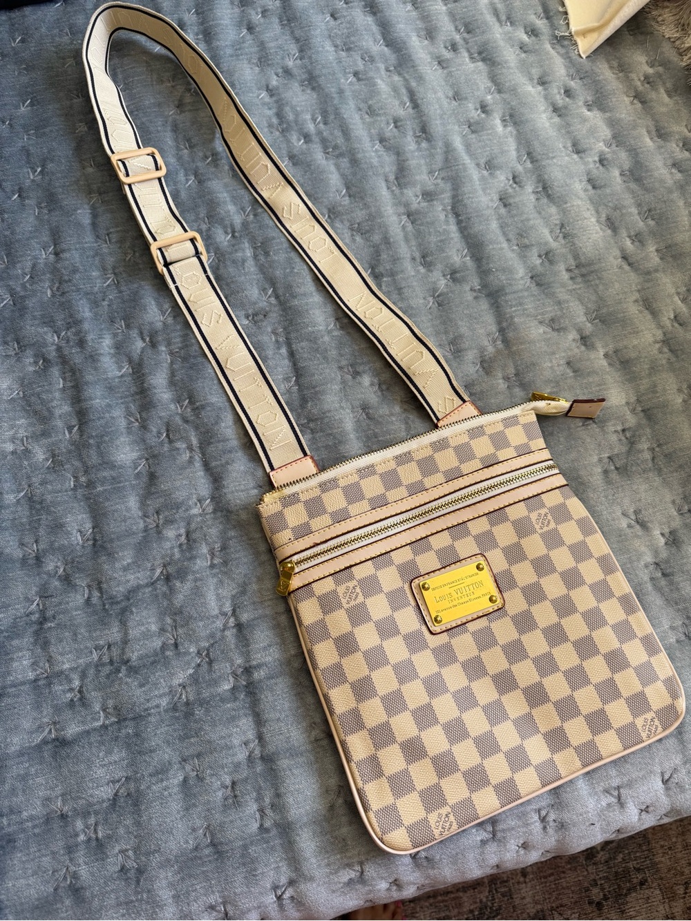 Designer-Style Beige Checkered Crossbody Bag with Adjustable Strap